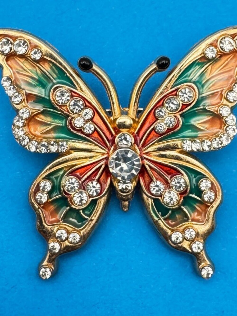 Butterfly Rhinestone Enamel Brooch Pin Gold Tone Multicolor Insect Jewelry